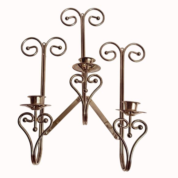 Hollywood Regency Brass Wall Sconce Triple Taper Candle Holder VTG 70s Elegant - Picture 2 of 15